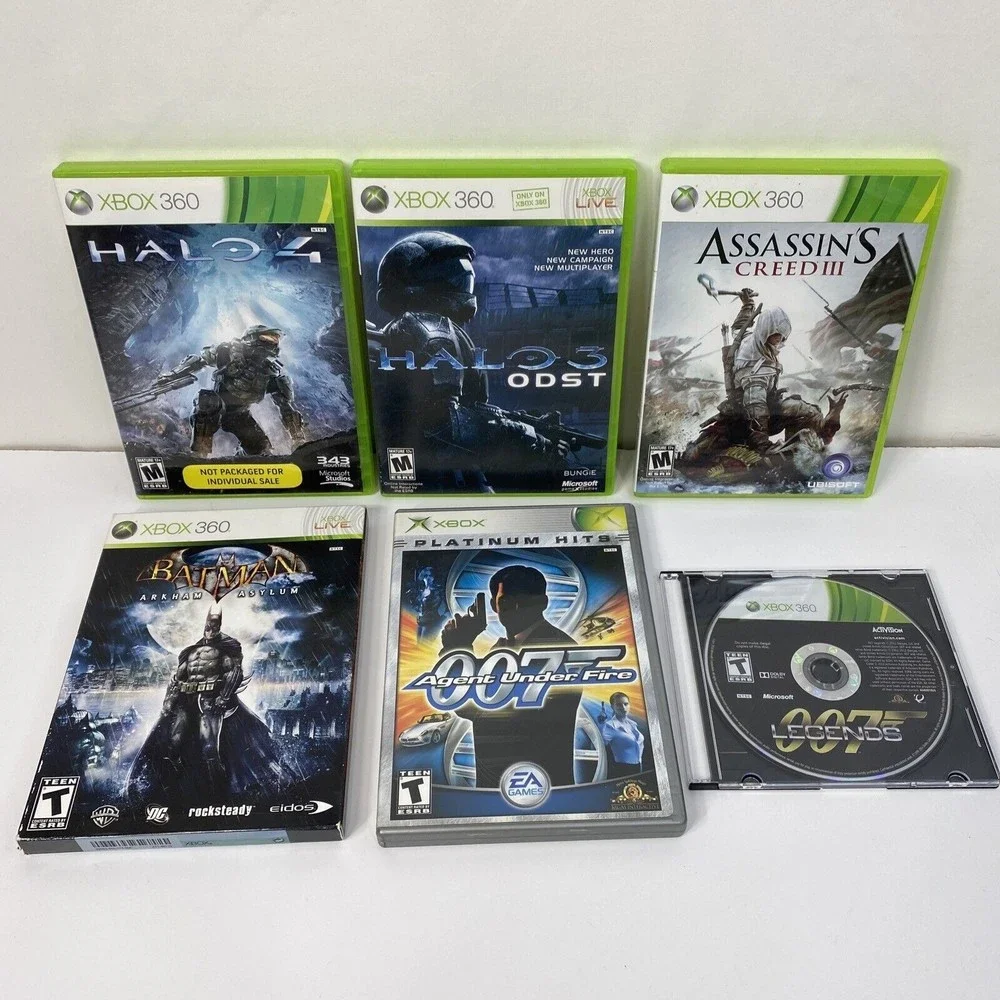 Xbox 360 Games Lot of 6 Halo 3 4, Assasins Creed 3, Batman Arkham, Agent 007